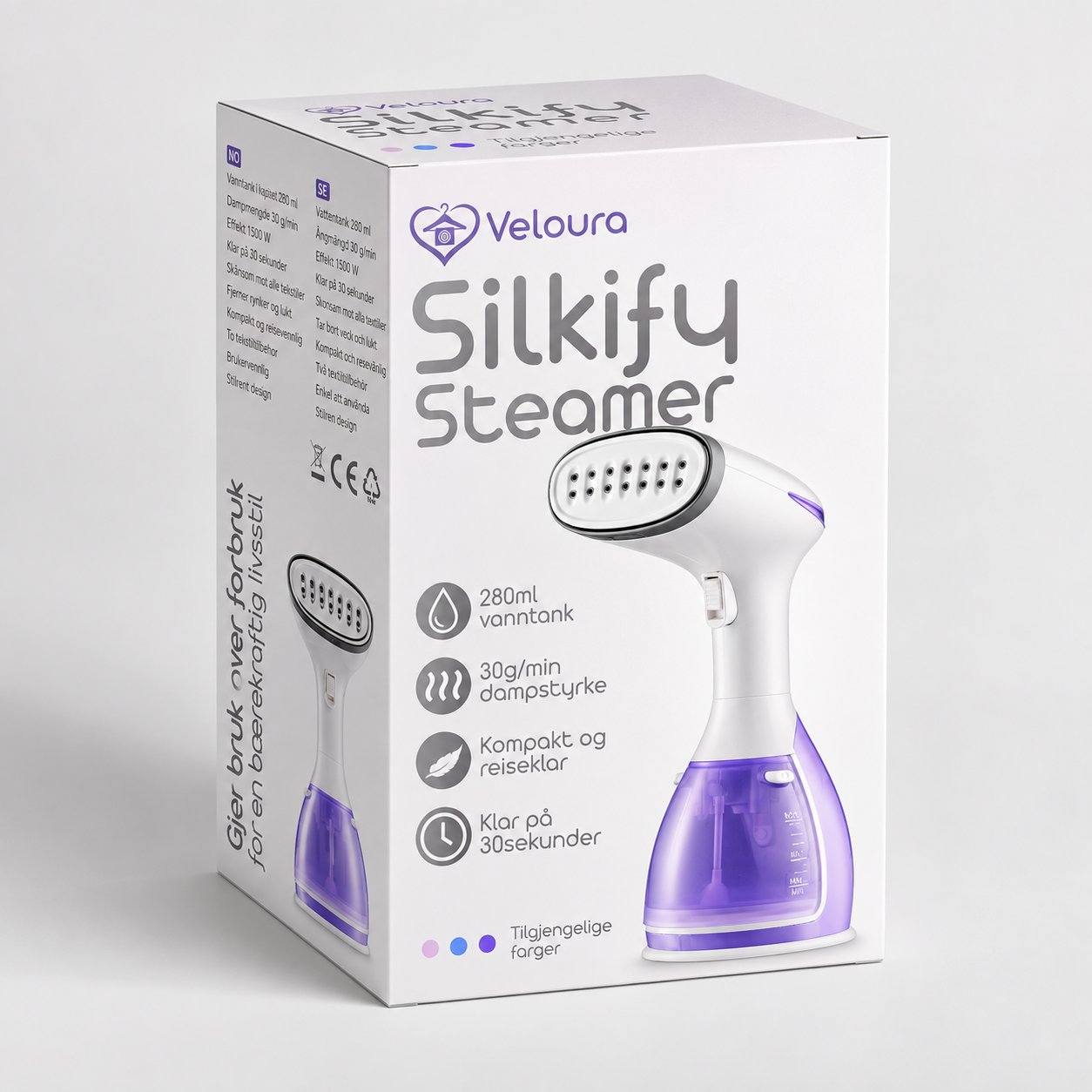 Emballasje til lilla Silkify steamer fra Veloura