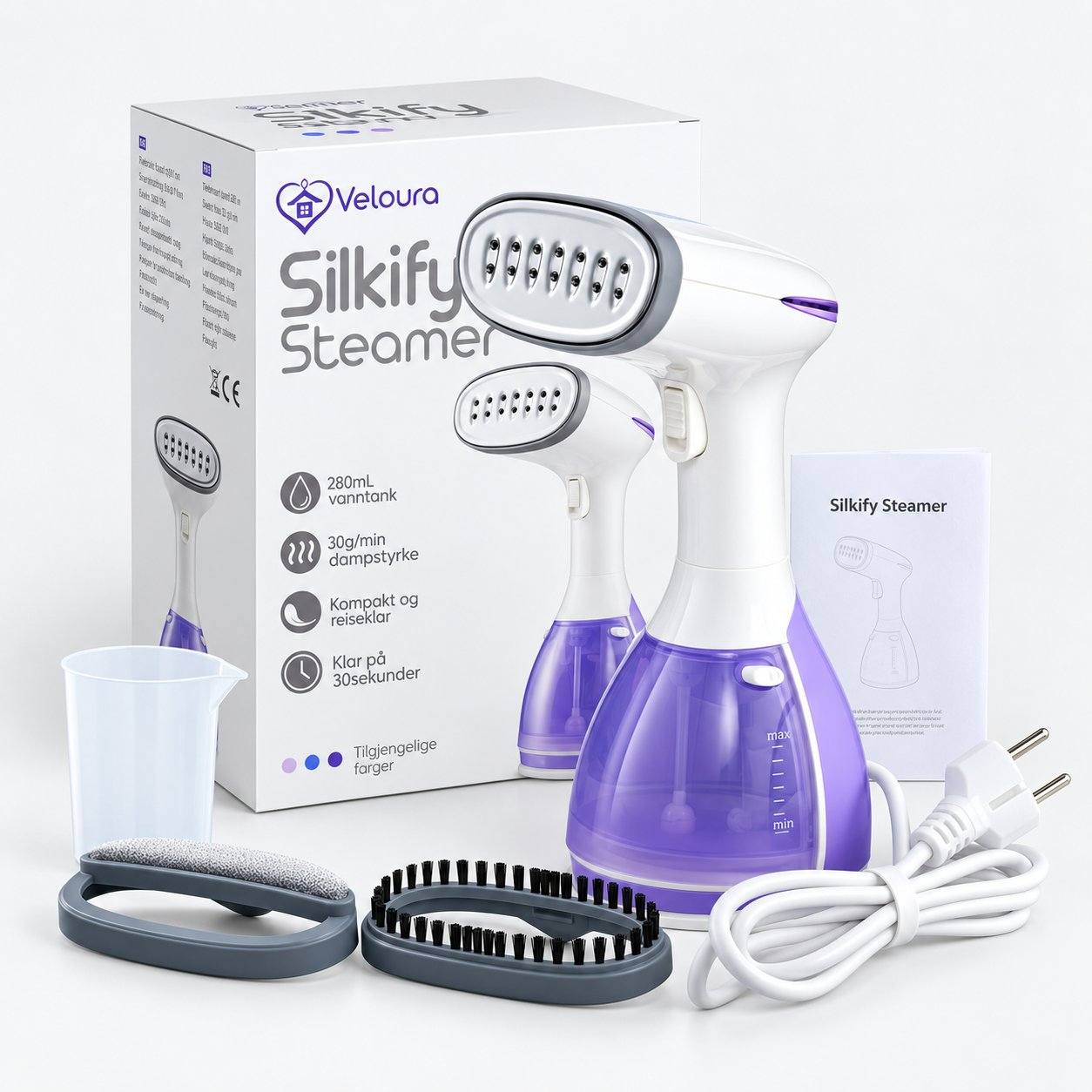 Lilla Silkify steamer med tilbehør, målekopp, bruksanvisning og emballasje
