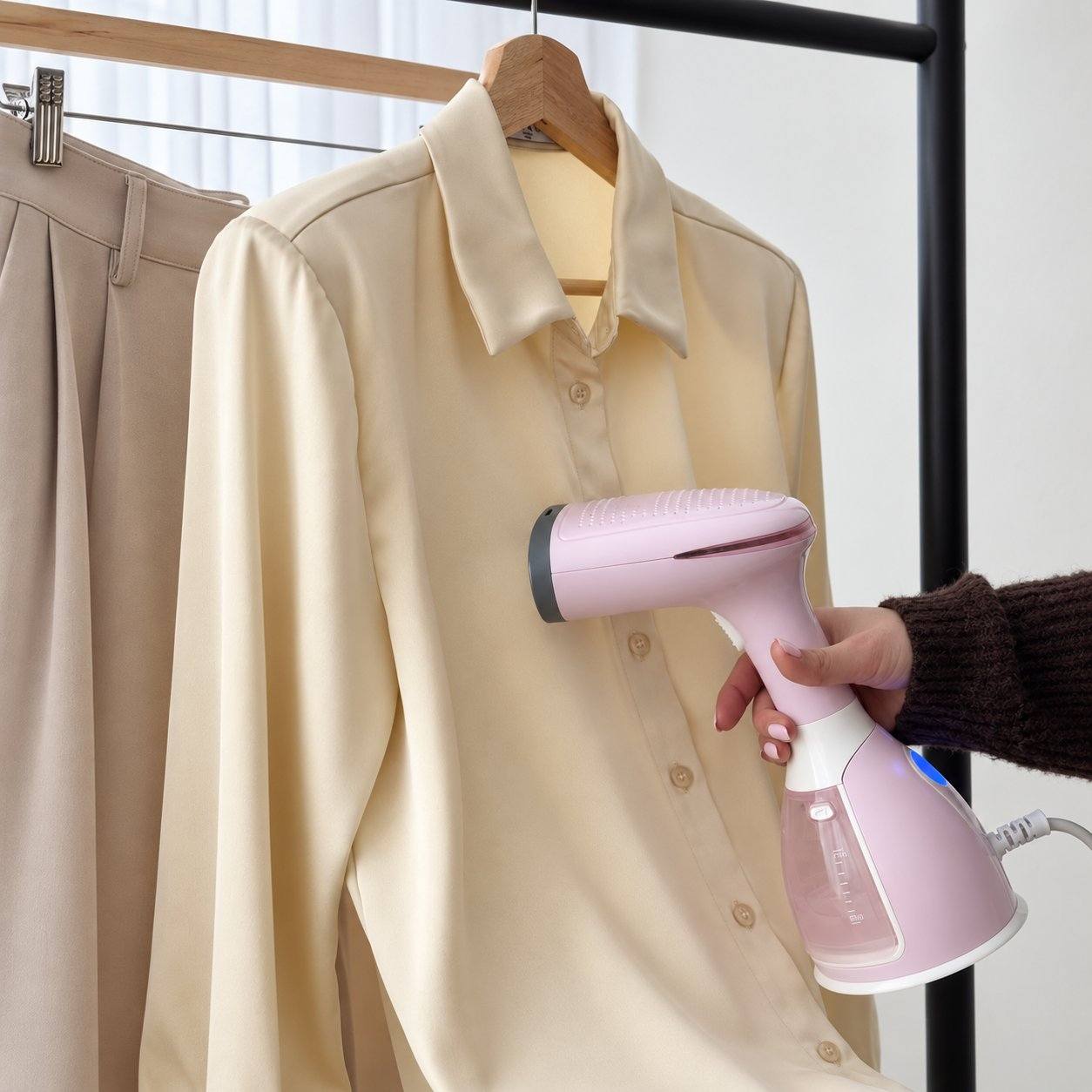 Rosa Silkify steamer brukes på en lys bluse på kleshenger