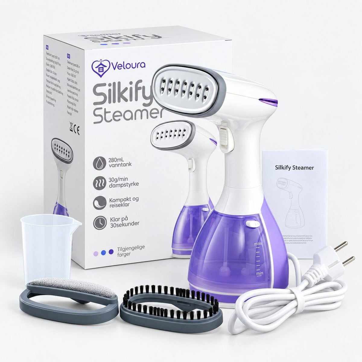 Lilla Silkify steamer med tilbehør, målekopp, bruksanvisning og emballasje